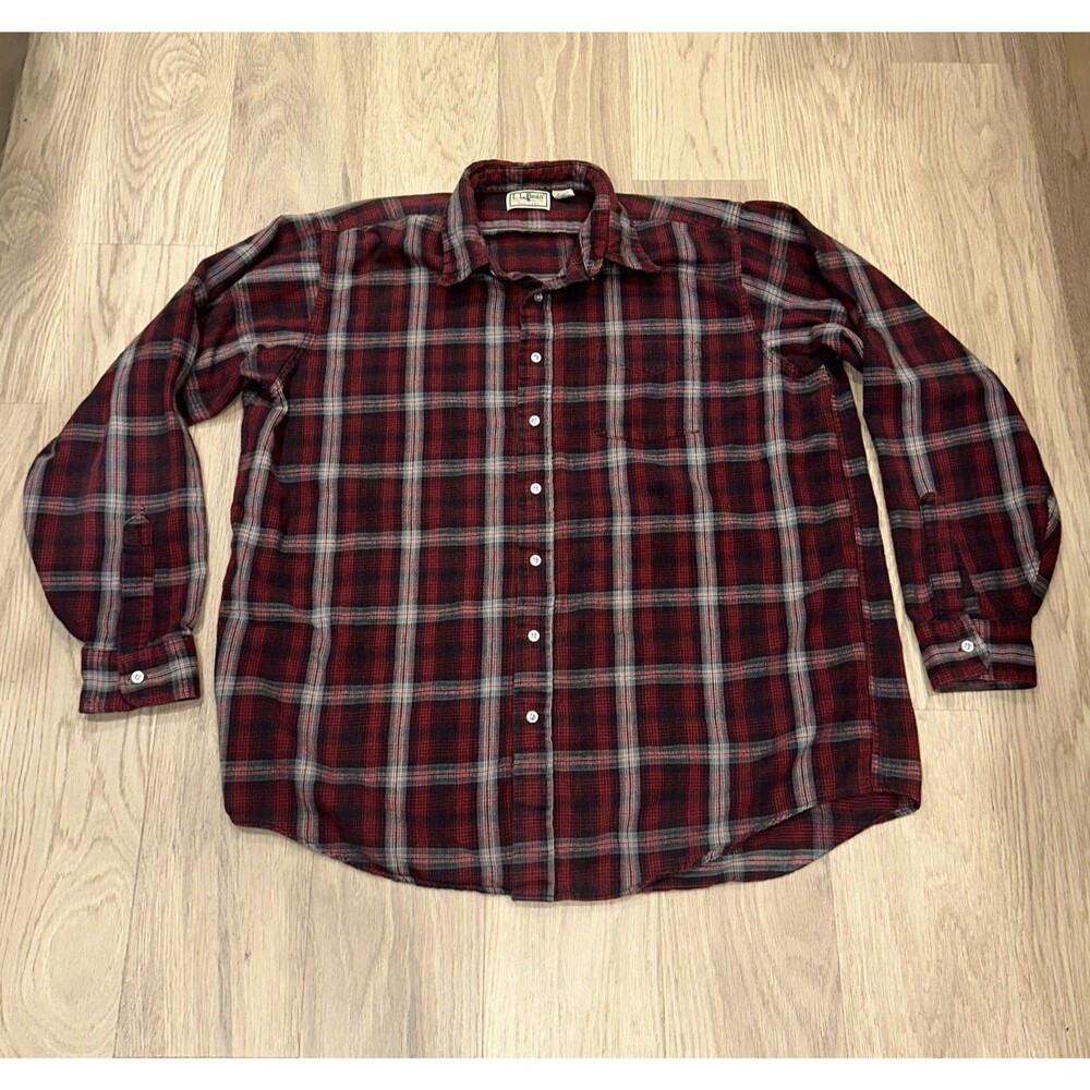 LL Bean Vintage 80s 90s Flannel Plaid Shirt Red Black Mens XL Tall